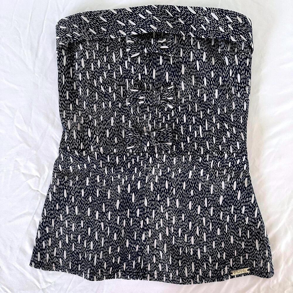 PDK Navy & White Speckles Strapless Top with Bow 3 Details Made in Italy -XS NWT